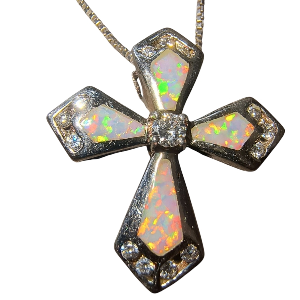 Opal, CZ & Sterling Silver Embellished Cross Pendant Necklace